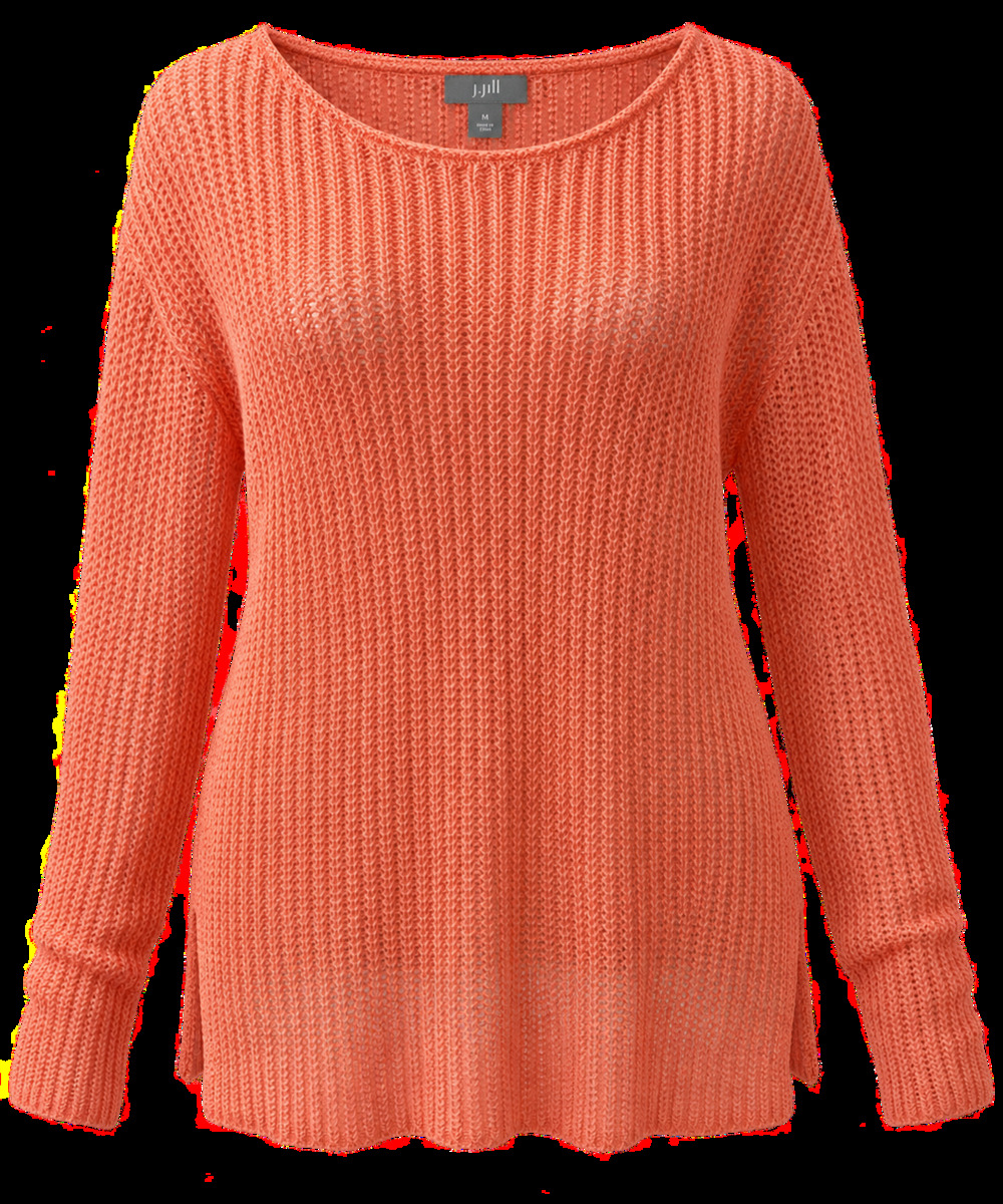 J.Jill Coral Orange Open Knit Long Sleeve Fall Light Sweater Linen Blend Medium